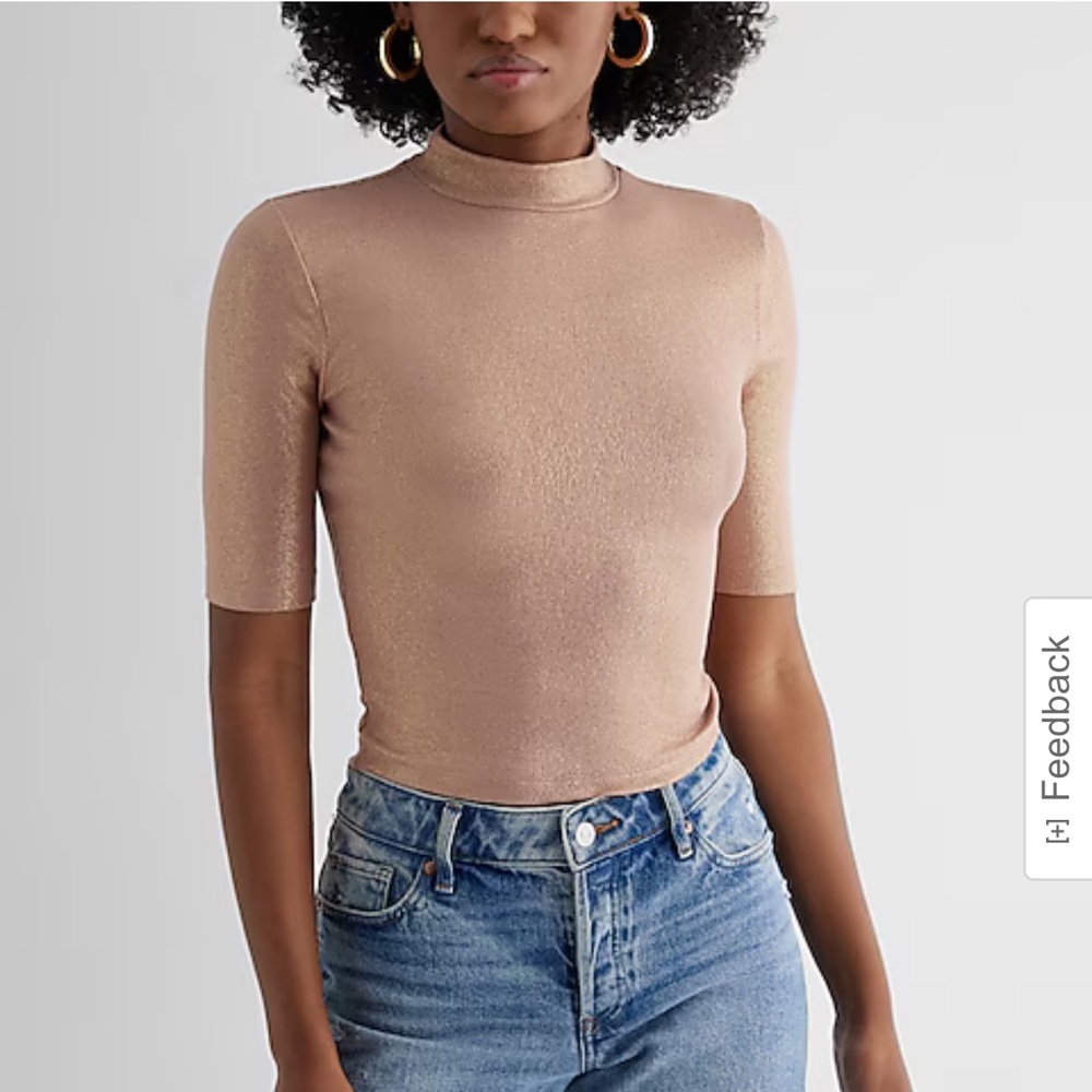 Express shine ribbed mock neck elbow sleeve tee